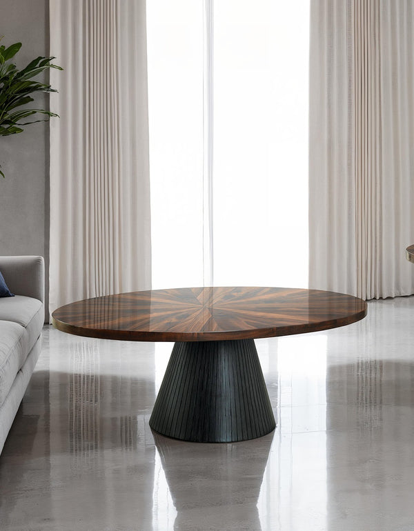 English Elm Contemporary Oval Coffee Table With High-Gloss Parquet Top & Textured Black Drum Base For Living Rooms B2741S00624