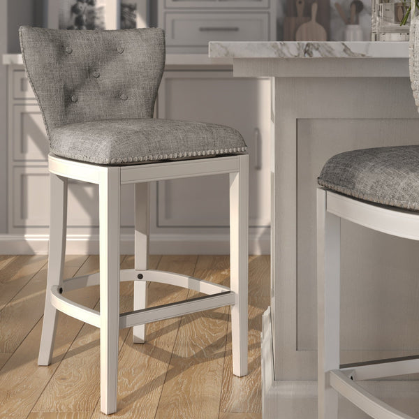 English Elm 26" Tufted Gray Upholstered Swivel Counterstool White Frame for Kitchen Islands B2751P436467