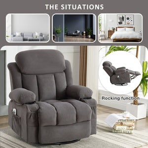 English Elm Swinging Velvet Recliner Chair with Massage Heat Usb Port and 360 Swivel Lounge Seat Grey W1807P298206