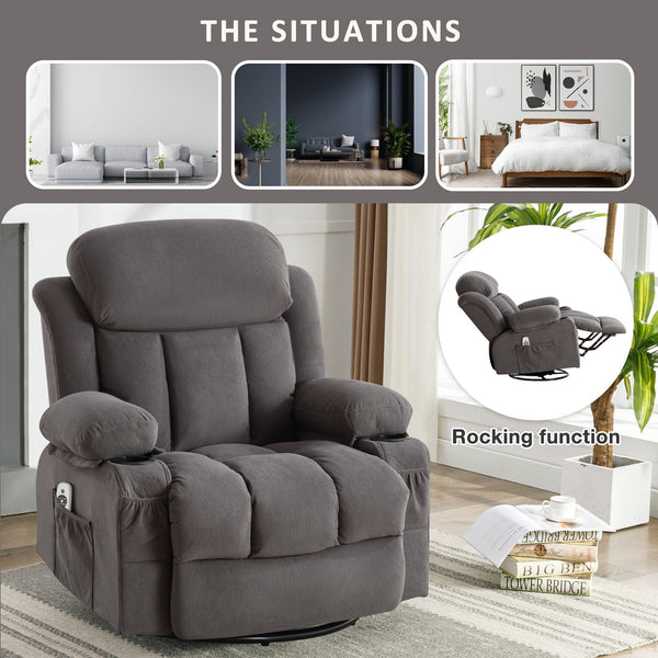English Elm Swinging Velvet Recliner Chair with Massage Heat Usb Port and 360 Swivel Lounge Seat Grey W1807P298206