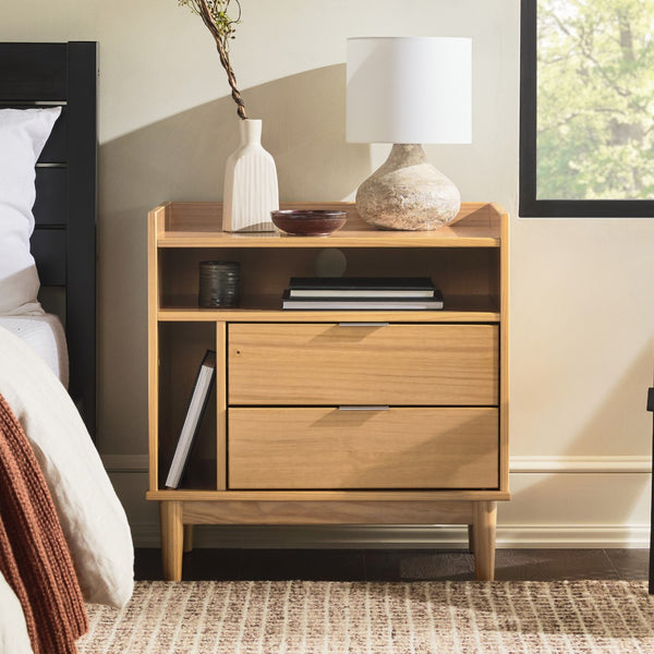 Lee Mid-Century Modern 25" Solid Pine 2-Drawer Nightstand - Stylish Storage for Any Room!