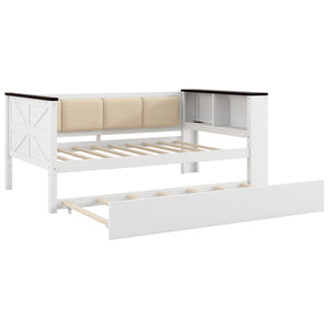 English Elm Twin Pine Wood Daybed with Trundle Upholstered Backrest Storage Shelf and Usb Port N7090002232K
