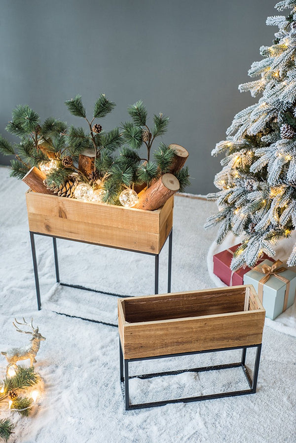 English Elm Set of 2 Rustic Wood Planter Boxes with Black Iron Stands for Farmhouse Decor W2078P496655