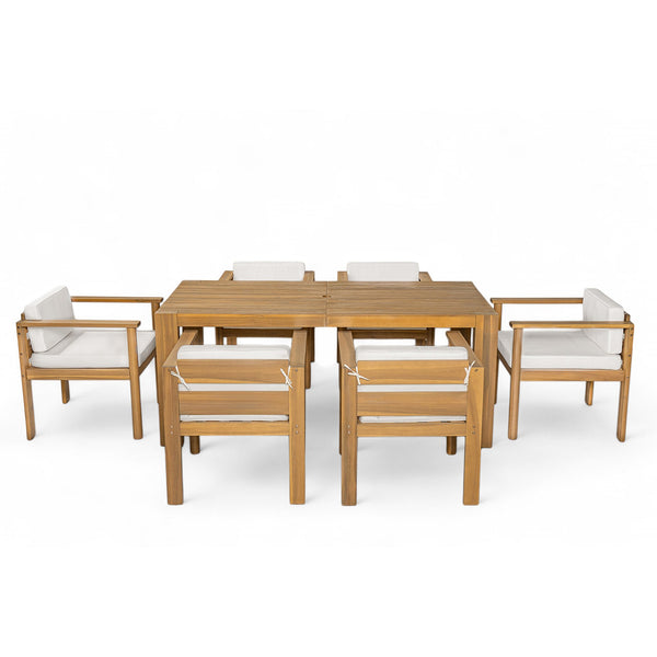 English Elm Trexm Acacia Wood Outdoor Dining Set Seats Six with Washable Cushions Umbrella Ready Beige,Light Teak TM000022AAD