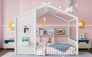 English Elm Full House Floor Bed with Roof Playhouse Design, Montessori Style with Rear Storage Shelf, Sturdy Pine White 78.5 L x 16.35 W x 8 H N733P335068K