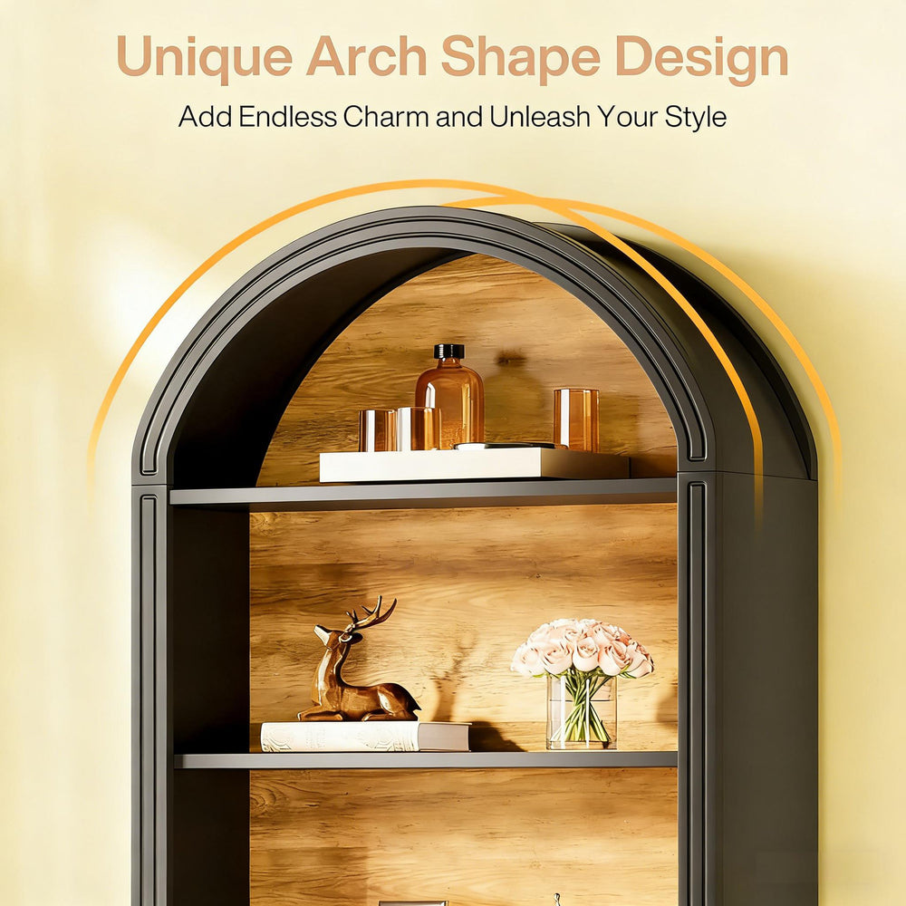 English Elm Display Cabinet Wall Mounted 5 Tier Glass Door Shelving for Collectibles Matte Black Black T3971P449678