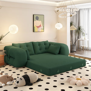 English Elm Human 78.7" Multi-Functional Foldable Sofa Bed – 3-in-1 Teddy Foam Sleeper, Removable Cushions, 2-Seater Guest Lounge Green W1885P277276