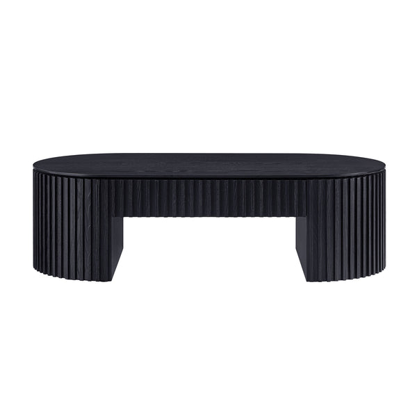 English Elm 51.18'' Oval Mdf Coffee Table with Hidden Drawer Mid-century Pedestal Base Black W876P370279