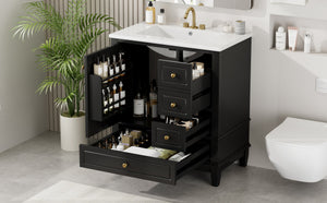 English Elm Christopher Knight Home® - 30" Freestanding Bathroom Vanity with Ceramic Sink, Soft-Close Door, Gold Knobs & 3 Drawers, Durable Painted Finish Black N759P225994B