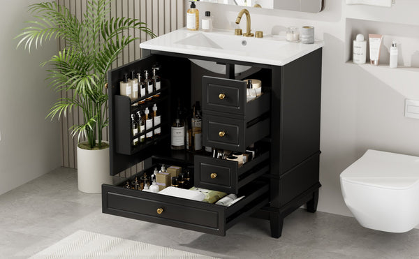 English Elm Christopher Knight Home® - 30" Freestanding Bathroom Vanity with Ceramic Sink, Soft-Close Door, Gold Knobs & 3 Drawers, Durable Painted Finish Black N759P225994B