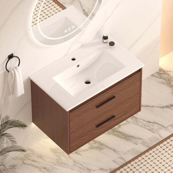 English Elm 30" Wall Mounted Bathroom Vanity Reddish Brown Mdf Two Soft Close Drawer Ceramic Sink W3133S00021