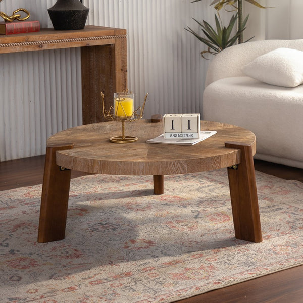 English Elm 36.61" Round Solid Wood Herringbone Coffee Table Tapered Legs Rustic Living Room W3158P453163