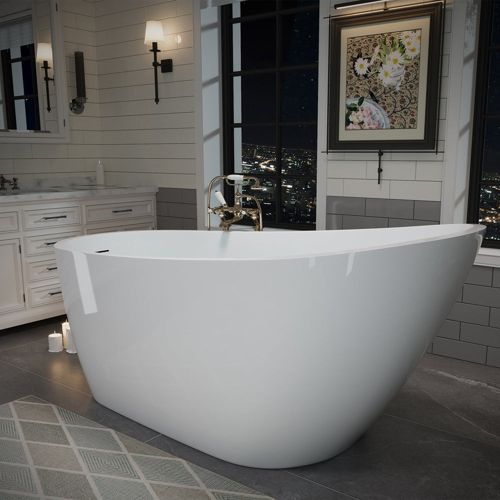 English Elm 63" Oval Freestanding Soaking Tub Solid Surface Resin Spa Bathtub Glossy White W1920P386220