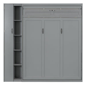 English Elm Queen Murphy Wall Bed with Led Lighting Open Shelves and Wardrobe Cabinet Storage LP000899AAE