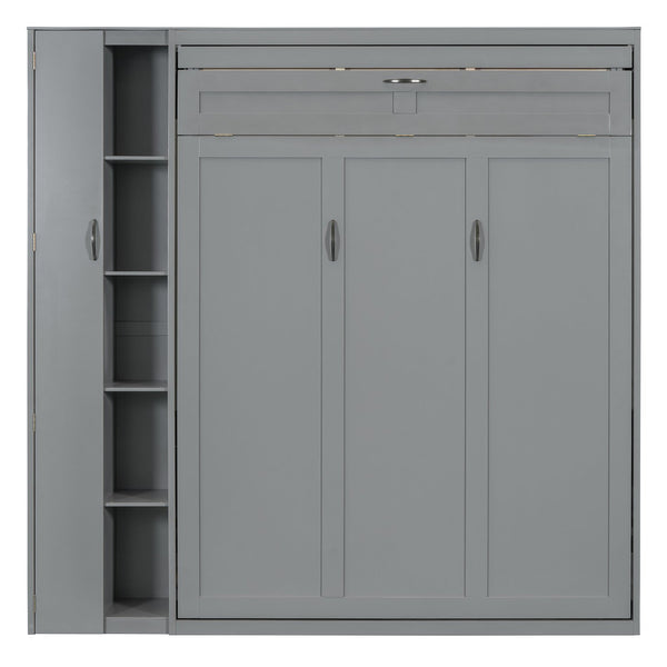 English Elm Queen Murphy Wall Bed with Led Lighting Open Shelves and Wardrobe Cabinet Storage LP000899AAE