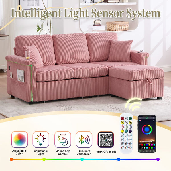 English Elm UNITED Corduroy L-Shaped Sectional Sofa with Storage Ottoman, USB Ports, Cup Holders & LED Lighting Pink W1568P332401