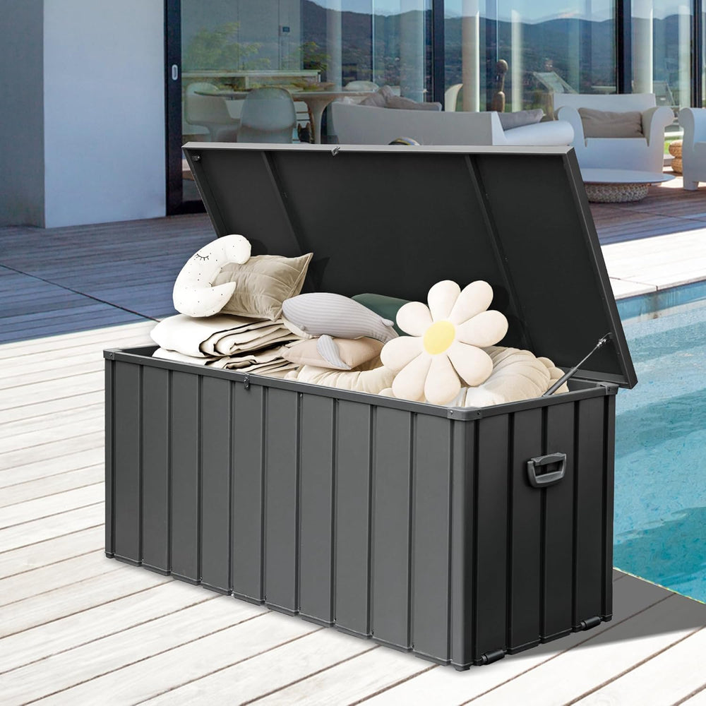 English Elm 190 Gallon Metal Deck Box Waterproof Steel Outdoor StorageBench with Lock, Wheels, Hydraulic Pistons Dark Gray W1859P404343