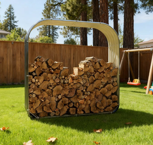 English Elm Wood Shed Galvanized Steel Outdoor Firewood Storage with Cover and Rubberized Safety T3971P423218