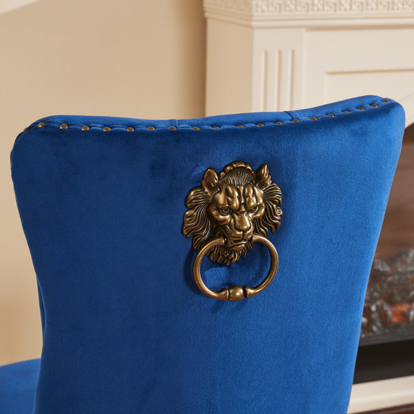 English Elm Mid-Century Tufted Velvet Dining Chair with Lion Head Ring, Nailhead Trim, Solid Wood Legs Blue W1143P193169