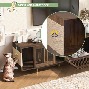 English Elm Mid-Century 74" Walnut TV Stand with Cat Litter House, Sliding Glass Doors, Sisal Scratcher, Sturdy Legs N843P251412W