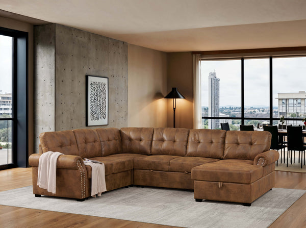 English Elm Linen Blend U-shape Sectional Sleeper with Tufted Back and Hidden Storage Chaise B2748S00011