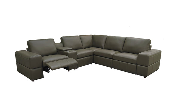English Elm Premium Leather Match Sectional with Dual Recliners Cup Holders and Storage Console Olive Green B2748S00157