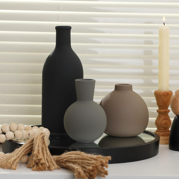 English Elm Rustic Matte Ceramic Vase Trio Neutral Tones Shelf Mantel Farmhouse Boho Decor Black+ Gray W2181P475133