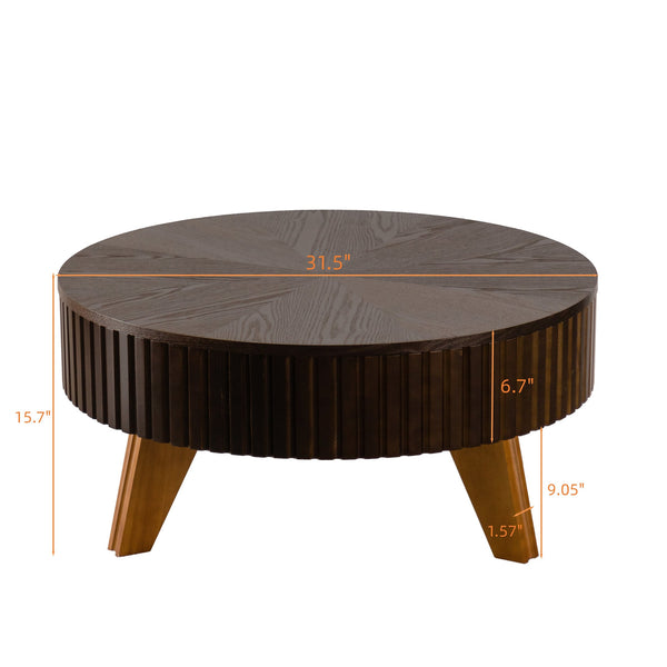English Elm 31.5" Round Mid-century Coffee Table with Lower Shelf Solid Wood Legs and Mdf Top Brown W757P370297