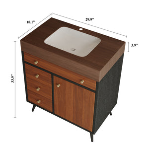 English Elm 29.9" Floating Bathroom Vanity Sintered Stone Top Soft Close Drawers Bronze Gold Hardware Brown,Walnut,White W3136S00045