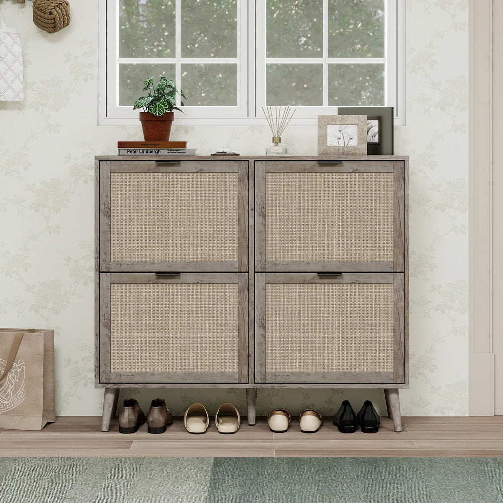 English Elm 4 Door Rattan Shoe Cabinet with Pine Legs Slim Entryway Storage Modern Style W688P173281