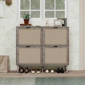 English Elm 4 Door Rattan Shoe Cabinet with Pine Legs Slim Entryway Storage Modern Style W688P173281
