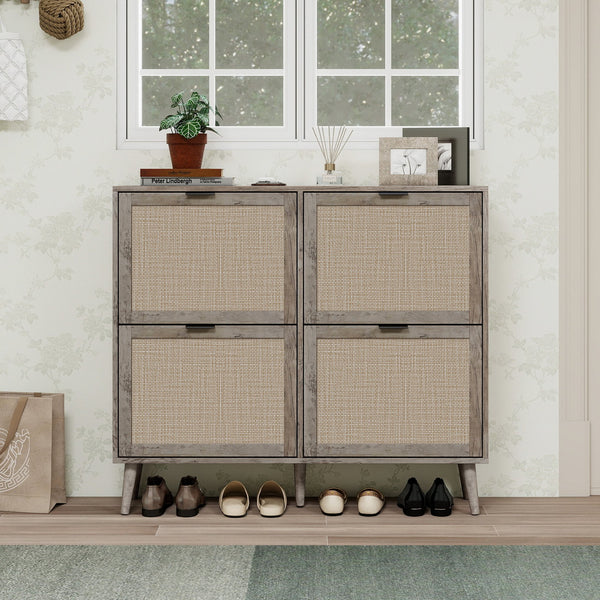 English Elm 4 Door Rattan Shoe Cabinet with Pine Legs Slim Entryway Storage Modern Style W688P173281