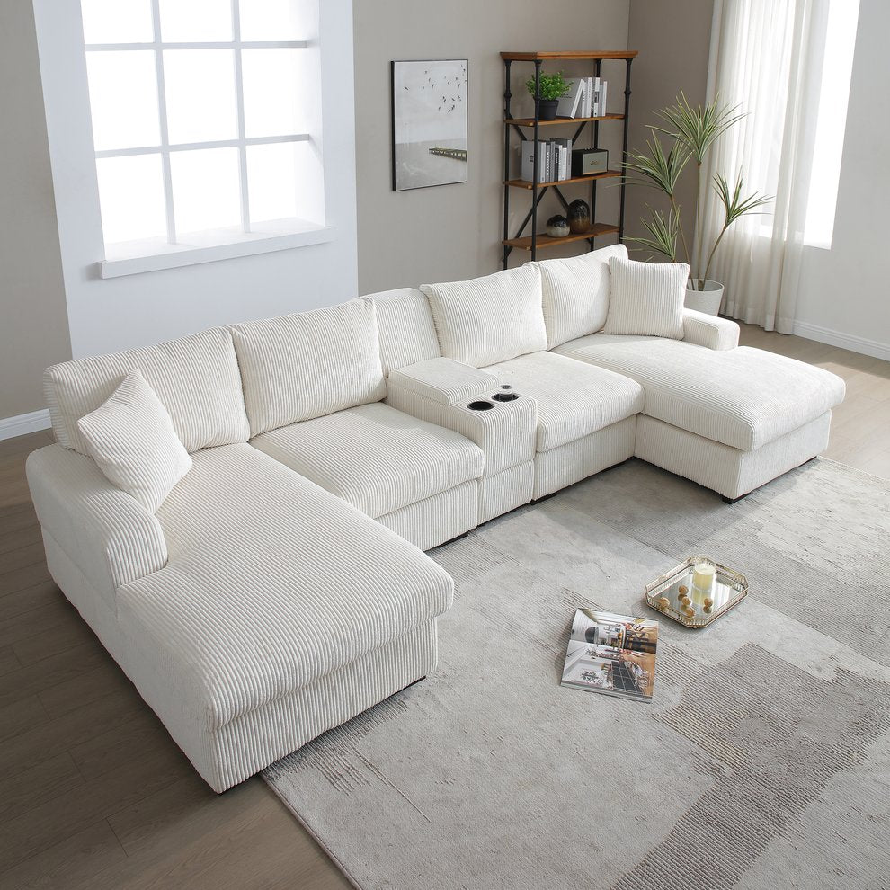 English Elm U Shaped Oversized Sectional Sofa with Double Chaise Console and Memory Foam Cushions W1117S00197