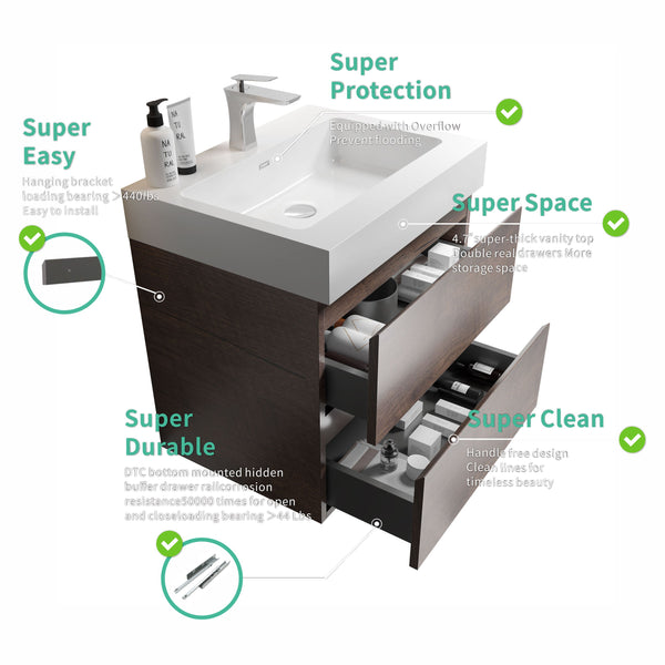 English Elm Alice 24" Floating Bathroom Vanity With Large Storage & Glossy White Sink - Modern Eco-Friendly Design W1865S00016