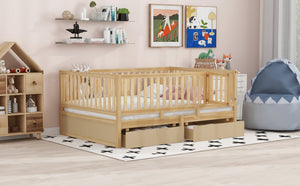 English Elm Full Size Pinewood Kids Daybed with Fence Rails Split Floor Bed and Storage Drawers Natural LP100882AAN