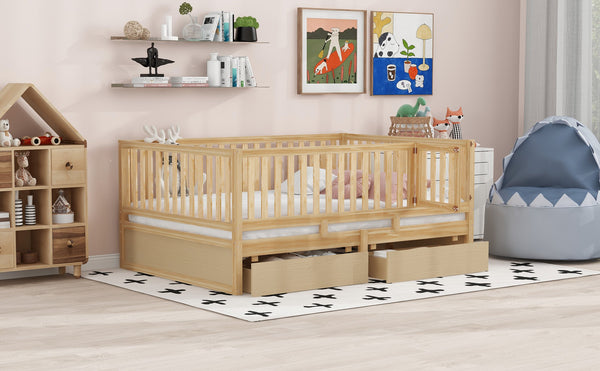 English Elm Full Size Pinewood Kids Daybed with Fence Rails Split Floor Bed and Storage Drawers Natural LP100882AAN