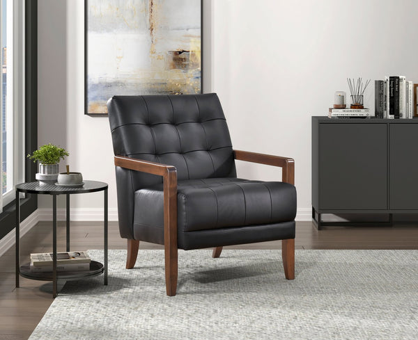 English Elm Modern Tufted Leather Accent Chair with Walnut Wood Frame, Upholstered Seat, Compact Stylish Design Black 28 L x 21 W x 25.75 H B011P271922