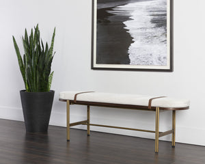Sunpan Elaine Bench - Curved Silhouette in Polo Club Muslin with Walnut Veneer & Antique Brass Base