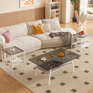 English Elm Coffee Table And End Tables Set Of 3 - Modern Gray Glass With Mdf Shelf, Stylish Living Room Furniture W241S00042