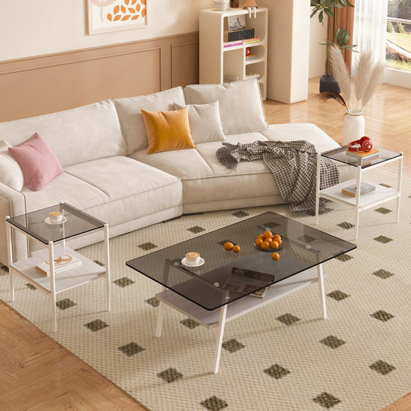 English Elm Coffee Table And End Tables Set Of 3 - Modern Gray Glass With Mdf Shelf, Stylish Living Room Furniture W241S00042