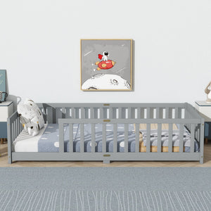 English Elm Twin Low Profile Rubberwood Floor Bed with Full Safety Fence for Toddler Rooms Grey W504P429333