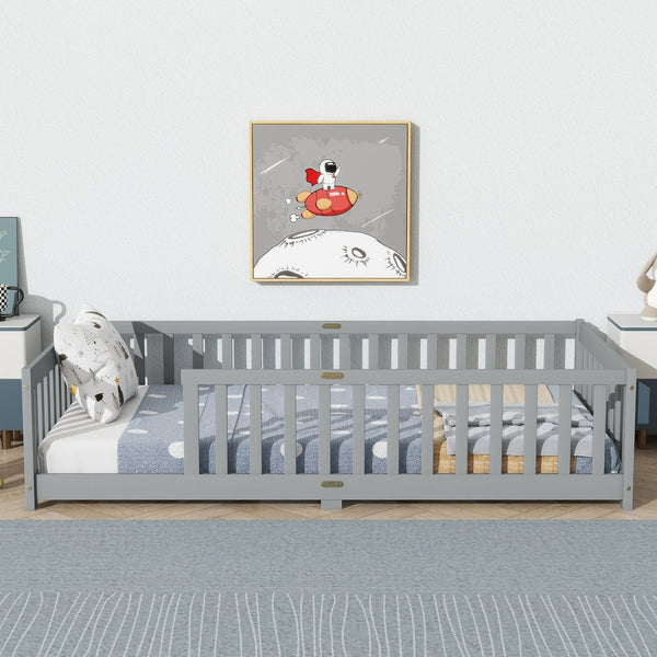 English Elm Twin Low Profile Rubberwood Floor Bed with Full Safety Fence for Toddler Rooms Grey W504P429333