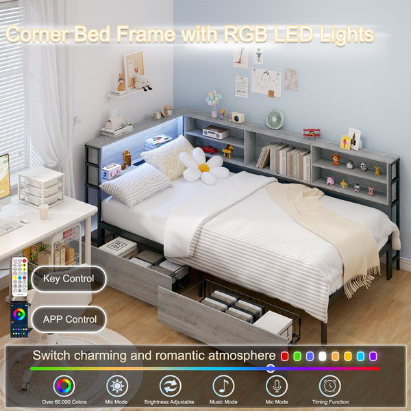 English Elm Twin Corner Daybed with Bookcase Headboard Led Lighting and Usb Charging Ports W3107P396518