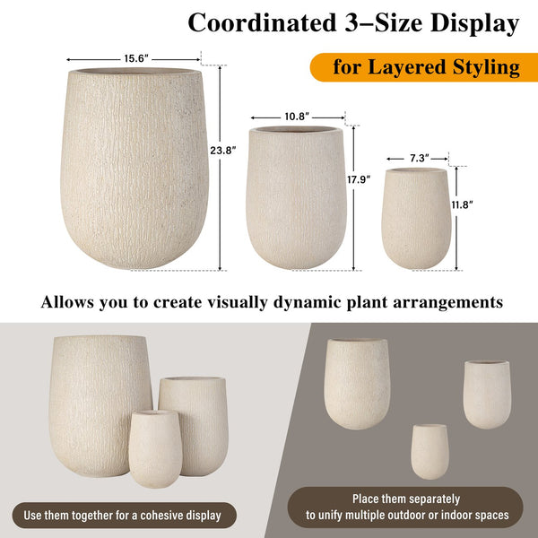 English Elm U_style Egg Shaped Mgo Stone Look Planters Set of 3 Sculptural Pots for Patio Garden N711P406659A