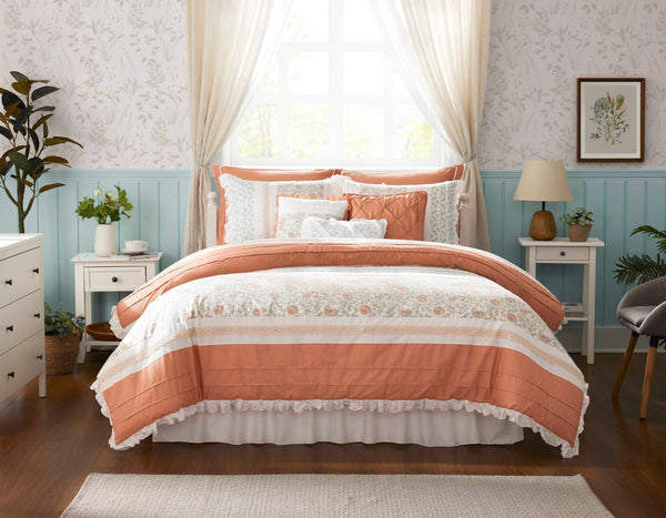 English Elm 9 Piece Cotton Percale Comforter Set - Elegant Coral King Bedding With Paisley Print & Pillows B03596895