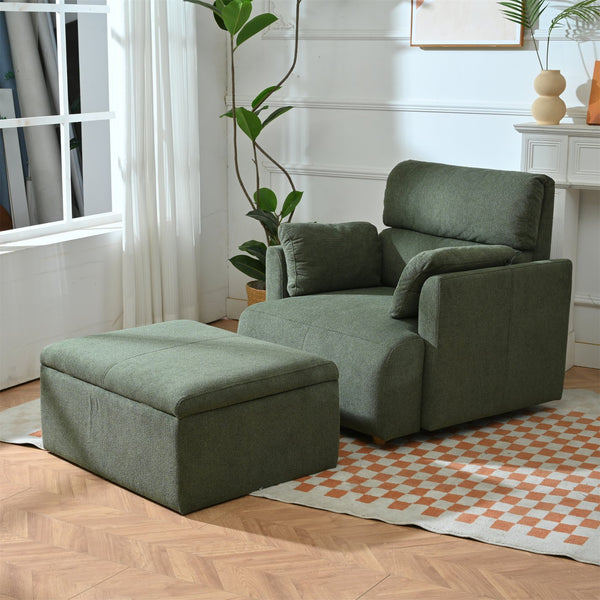English Elm Oversized Storage Ottoman Accent Chair with Deep Wide Seat, Mid-Century Upholstered Lounge Sofa for Cozy Reading and Relaxation Dark Green W1028S00045