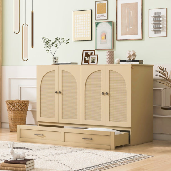 English Elm Full Size Murphy Bed Rattan Cabinet with Storage Drawers and Gold Hardware Gold N708S00009G