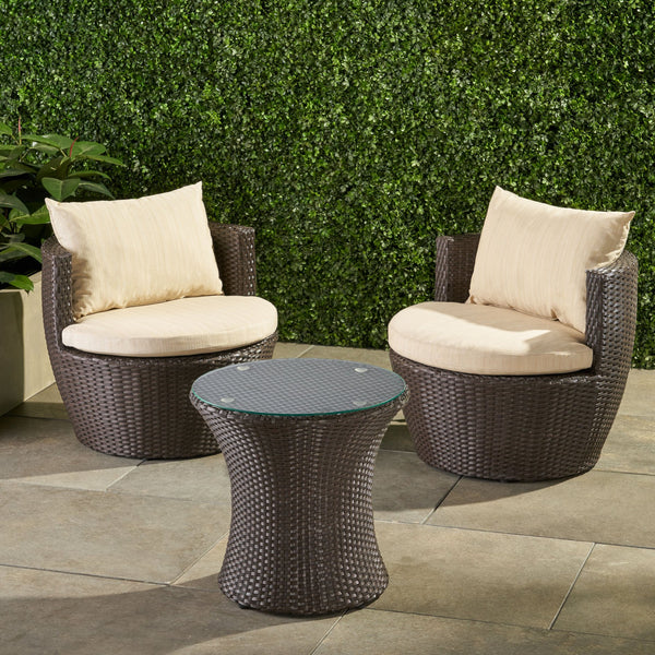 English Elm Christopher Knight Home® - KONO Woven Outdoor 3-Piece Patio Chat Set with Aluminum Frame, Tempered Glass Table, Cushions Brown+Beige 53142.00ALUBRN