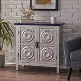 Christopher Knight Home® - Noble House - Alana Modern Firwood Cabinet with Carved Panels, Silver and Navy Blue