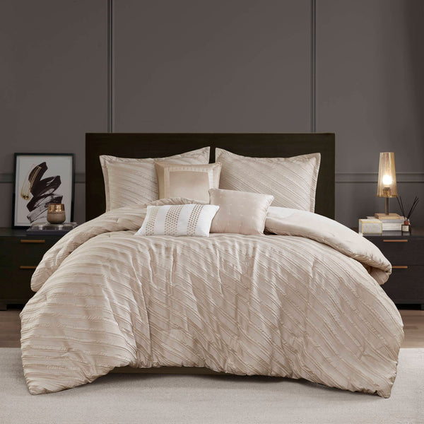English Elm 7 Plush Queen Comforter Set with Jacquard Texture, Bedskirt & Decorative Pillows for Cozy Elegance Beige 17.91 L x 13.98 W x 10.04 H B035P319209